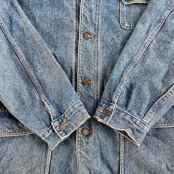 š„VTG Australian Outback Denim Jacket Barn Chores Cargo Pockets Leather Trim XL - Picture 5 of 16